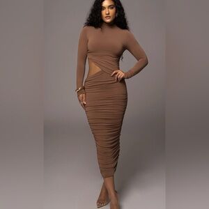 JLUXLABEL Chocolate Long Sleeve Ruched Dress